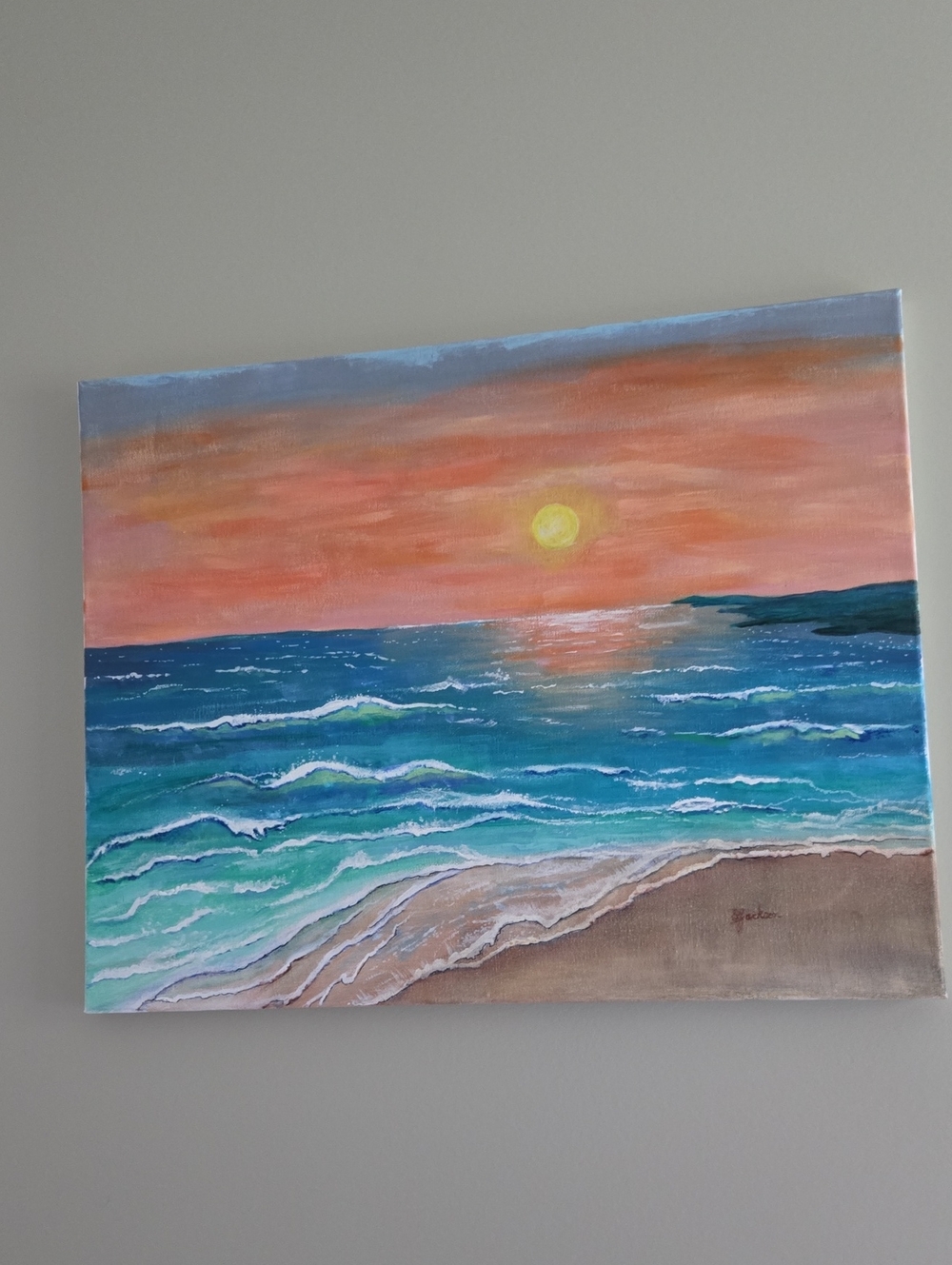 Coastal Sunset Seascape Oroginal Art Turquoise & Coral Tones